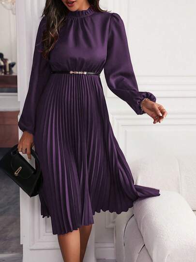 SHEIN Clasi Solid Color Lantern Sleeve Dress With Pleated Hem Maxi Women Outfit