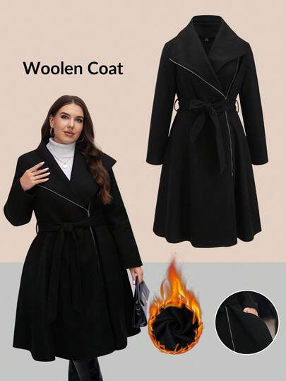 SHEIN LUNE Plus Size Turndown Collar Cinched Waist Flared Skirt Jacket With Belt/Winter