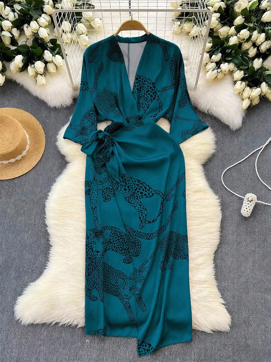 GlowEve Đầm midi tay dài họa tiết da báo thắt nơ chéo cổ chữ V thanh lịch dành cho nữ, phù hợp để đi làm, đi nghỉ và mọi mùa - Nhiều màu - Xem 1