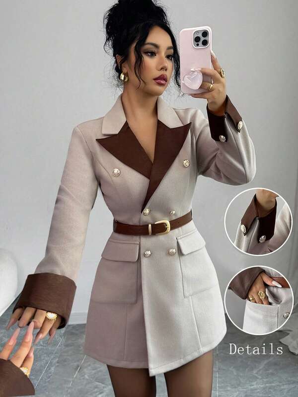 Elenzga Abrigo de lana con cuello de solapa y parches de color marrón, elegante para otoño/invierno