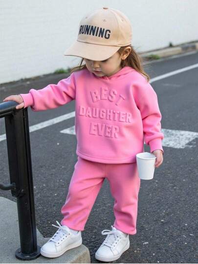 SHEIN Baby Girl Infant Toddler 0-3 Years 4-Season Curved Hem Long Sleeve Sweatshirt + Leggings Set, Funny "Daddy's Girl" Slogan, Hazy Blue, Cotton Fabric, Autumn/Winter Outfit