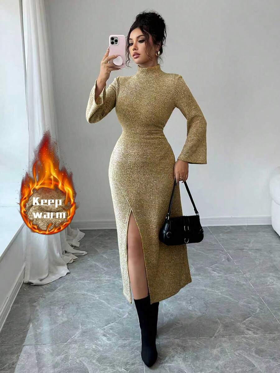 Modelyn Women's Turtleneck Bodycon Knit Slit Dress, Autumn/Winter - Yellow - View 1
