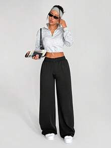 Dewbera 纯色松紧腰直筒宽松休闲百搭健身运动裤 - 黑色 - 查看 5