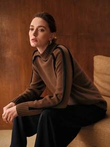 MOTF PREMIUM WOMEN'S FASHIONABLE HIGH-END CASUAL VERSATILE 100% WOOL HIGH NECK CONTRAST PIPING RAGLAN SLEEVE WARM SOFT LIGHTWEIGHT SWEATER, AUTUMN/WINTER - Coffee Brown - View 2