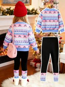 SHEIN 少女圣诞印花卫衣和紧身裤套装，秋冬 - 彩色 - 查看 2