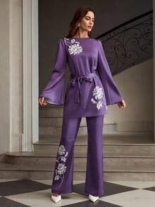 ZEYLAH Women's Bell Sleeve Top And Bell Bottom Pants Set - Purple - View 1