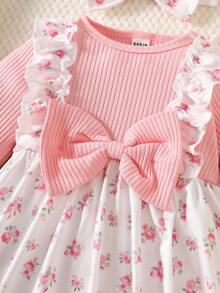 新生女宝宝粉色罗纹长袖蝴蝶结拼接花卉图案连衣裙及发带，面料舒适，优雅可爱，适合户外摄影 - 粉色 - 查看 8