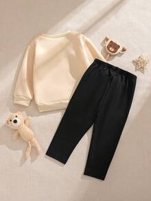 Souflis Souflis 2025 秋冬法式复古可爱熊图案卫衣和休闲打底裤两件套，适合上学、郊游和多种场合，女婴 - 杏色 - 查看 2