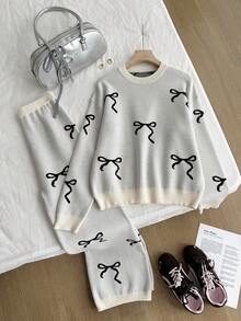 Sparklyn 2 件套少女蝴蝶提花针织毛衣和直筒裤套装，蝴蝶提花串珠圆领套头毛衣，秋冬休闲学院风 - 杏色 - 查看 5