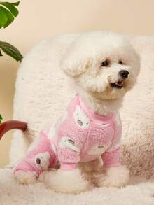 PETSIN 1件宠物猫狗通用粉色熊图案印花可爱时尚秋冬毛绒保暖舒适圆领狗狗连体衣 - 粉色 - 查看 5