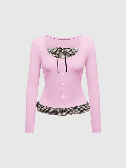 Kawaii Maglietta da donna vintage dolce a maniche lunghe 2 in 1