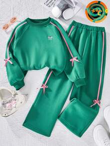 SHEIN Tween Girls 2pcs/Set Round Neck Sweatshirt Set,Green And Pink,Autumn,Cute,School,Back-To-School Long Sleeve Ribbed Knit Pants With Side Ribbon Bow - Green - View 8