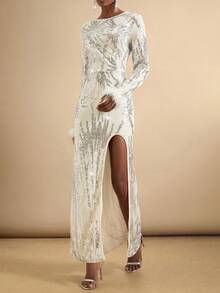 SHEIN Veneréa Women's Sequin Bodycon Dress, Long Sleeve - Beige - View 6