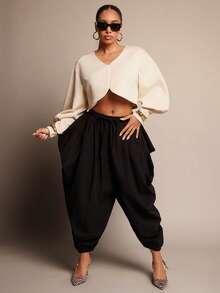 Vixey 纯色 Scuba 灯笼袖落肩宽松开衫 - 卡其色 - 查看 3