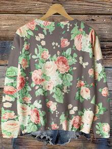 SHEIN Privé Plus Size Women Casual Basic Printed Button Cardigan - Brown - View 2