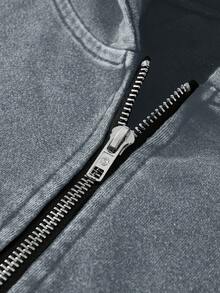 PAVTROS 男士休闲水洗拉链连帽衫，秋季连帽卫衣，酸洗连帽衫，短款拉链连帽衫，长袖上衣 - 灰色 - 查看 5