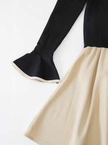 少女单件式方领蝴蝶结装饰撞色喇叭袖中长款加厚牛奶丝双面磨毛连衣裙，适合日常穿着、生日、派对等各种场合，适合13-16岁女孩，秋冬季款式。 - 黑色 - 查看 3