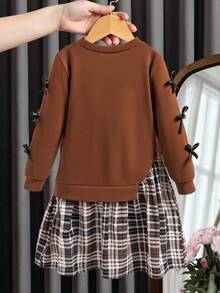 SHEIN 年轻女孩时尚拼色领结拼布连衣裙 - 棕色 - 查看 2