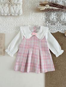 SHEIN 女婴荷叶边领蝴蝶结泡泡袖褶皱连衣裙，优雅可爱，适合日常、通勤、休闲穿着 - 粉色 - 查看 4