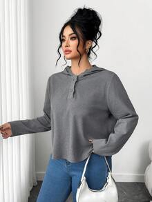 Elenzga Moletom com capuz feminino plus size elegante e minimalista com detalhes em renda, ideal para outono/inverno. - Cinza - Ver 3