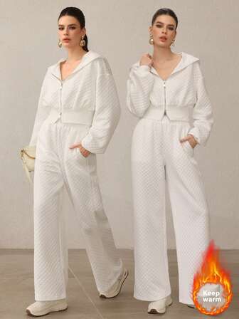 Mulvari 2개 여성용 패션 후드 지퍼 자카드 슬림 스웨트셔츠 및 와이드 레그 팬츠 세트, 가을