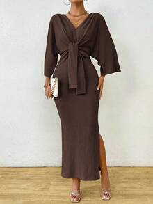 Celisse Women's Elegant Solid Color Batwing Sleeve Side Slit Fishtail Dress, Spring & Autumn Maxi Women Outfit