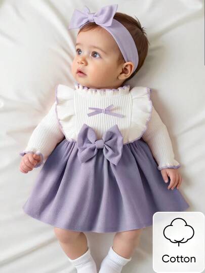 Newborn Baby Girl White Long Sleeved Lace Collar Patchwork Pink Bow Dress Autumn And Winter New Elegant Retro Cute Fabric Comfortable