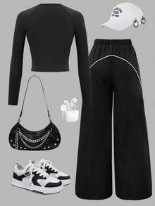 2pcs/Set Girls Graphic Letter Print Long Sleeve Crew Neck Top And Wide Leg Pants Casual Outfit - Black - View 2
