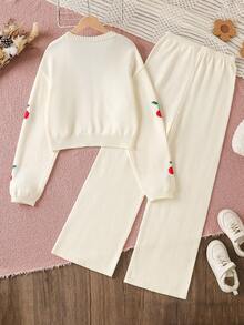 Teenage New French Retro Soft Cherry Knit Sweater Paired With Straight Leg Pants, Suitable For Home, Outing, Gathering, Back To School Women 2 Pieces Pants Suits Cherry Outfit Women Cherry Clothes 2 Pieces Sets Woman Teen Girls Pants Suit Pants Suit Women Women 2 Pieces Outfits - White - View 3