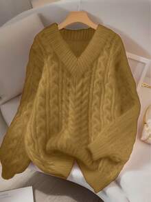 Franclia 新款宽松、柔软、甜美粉色超大设计V领粗麻针织套头衫，适合秋冬穿着 - 薑色 - 查看 1