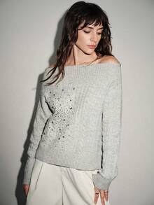 Lumivelle Women's Sexy Off-Shoulder Rhinestone Pullover Sweater, Elegant Knit Top - Grey - View 4