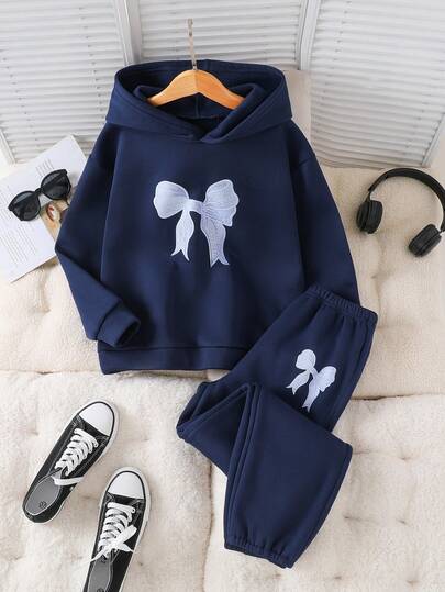 2pcs Girls Plus Size Casual Comfortable Bow Graphic Long Sleeve Sweatshirt And Pants Set, Suitable For Outdoor Wear, Autumn/Winter
