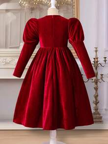 Girls Red Embroidered Bubble Dress With Waist Pearls,Sweet & Elegant Satin Party Dress,Suitable For Autumn Birthday Gatherings,Comfortable Fabric - Red - View 2
