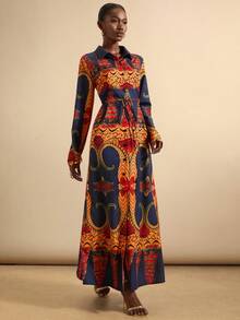 Vesra Vintage Style Contrast Color Floral Print Long Sleeve Dress - Multicolor - View 3