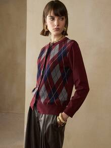 Revavyn Revavyn Women's Fitted Argyle Color Block Design Casual Commuter Crew Neck Long Sleeve Cardigan Sweater - Multicolor - View 4
