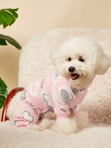 PETSIN 1件装宠物猫狗通用粉色爱心印花时尚秋冬毛绒保暖舒适圆领狗狗连体衣 - 粉色 - 查看 2