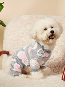 PETSIN 1件装宠物猫狗通用灰色爱心图案印花可爱时尚秋冬毛绒保暖舒适圆领狗狗连体衣 - 灰色 - 查看 4