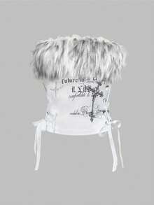 ROMWE Grunge Punk Top tubo de mujer con estampado de letras, decoración de cruz con tachuelas, encaje lateral y diseño romántico punk retro con pelaje, para otoño/invierno como prenda de capa - Beis - Ver 1