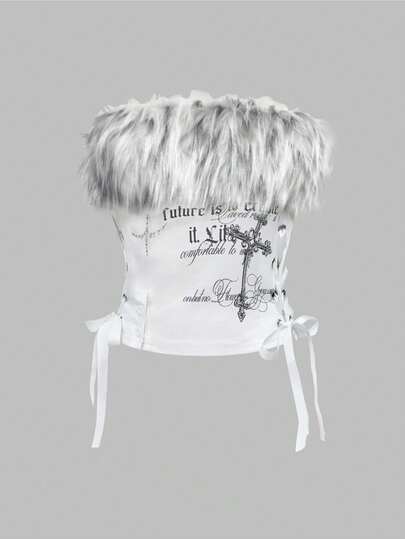 Grunge Punk Romantic Punk Retro Furry Cross Studded Decor Letter Print Side Lace-Up Women Tube Top, Autumn/Winter Layering