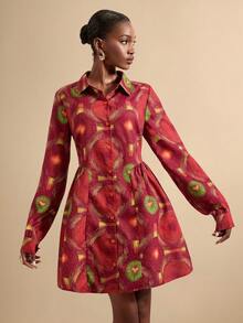 Lyxana Women's Fashion African Print Waist Cinched Mid-Length Shirt Dress - Multicolor - View 4