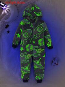 SHEIN Playful Pals 小男孩可爱恐龙印花羊毛拉链连帽连体裤，温暖舒适的休闲家居服，秋冬 - 彩色 - 查看 3