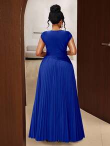 Maweii Plus Size Women Elegant Solid Color Pleated Round Neck Sleeveless Dress - Blue - View 2