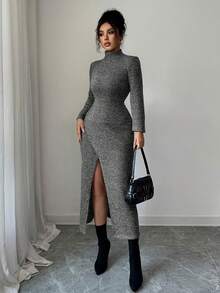 Modelyn 女式高领紧身针织开衩连衣裙，秋冬 - 深灰色 - 查看 8