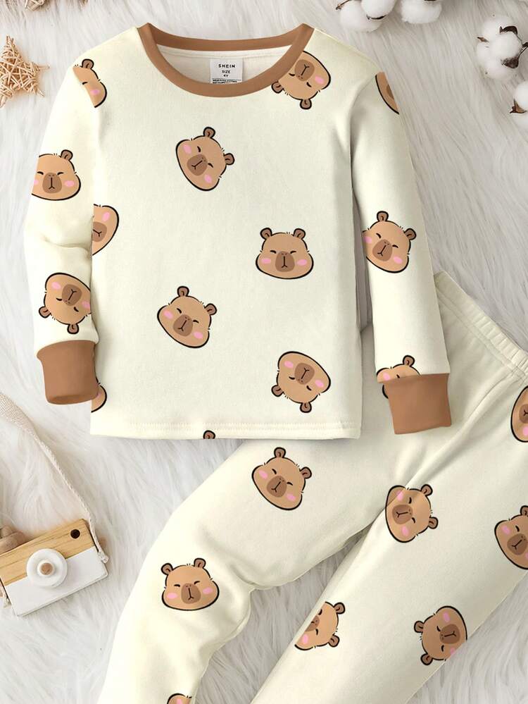 SHEIN Happikins Baby Boy Casual Cute Animal & Capybara Cartoon Print Snug Fit Round Neck Comfortable Long Sleeve Top And Pants Pajama Set, Suitable For Autumn/Winter - Multicolor - View 4