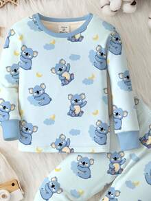 SHEIN 小男孩休闲修身圆领长袖睡衣套装，舒适贴身，经典可爱泰迪熊和月亮云朵印花，适合秋冬季 - 彩色 - 查看 4