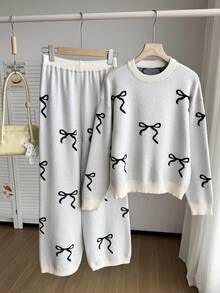 Sparklyn 2 件套少女蝴蝶提花针织毛衣和直筒裤套装，蝴蝶提花串珠圆领套头毛衣，秋冬休闲学院风 - 杏色 - 查看 1