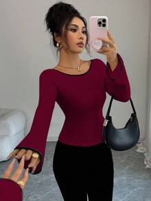 Selianne Camiseta feminina casual com gola redonda e gravata borboleta, cor contrastante - Vermelho - Ver 3