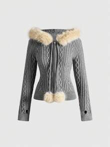 ROMWE Grunge Punk Y2K 短款毛绒领开衫和超低腰迷你短裤运动衫两件套 - 灰色 - 查看 3