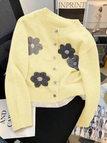 Franclia Áo len cardigan mềm mại, ấm áp, họa tiết hoa thủ công thanh lịch dành cho phụ nữ nhỏ nhắn mùa thu/đông - Vàng nhạt - Xem 1