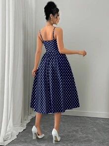 Rafferiza Fashionable Versatile Cocktail Party Spaghetti Strap Waist Flared Hem Pink Dress For Women, Autumn/Winter - Navy Blue - View 2